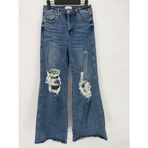 BLAKELY Womens Size 13 Blue Distressed‎ Wide Leg Jeans Cropped Raw Hem